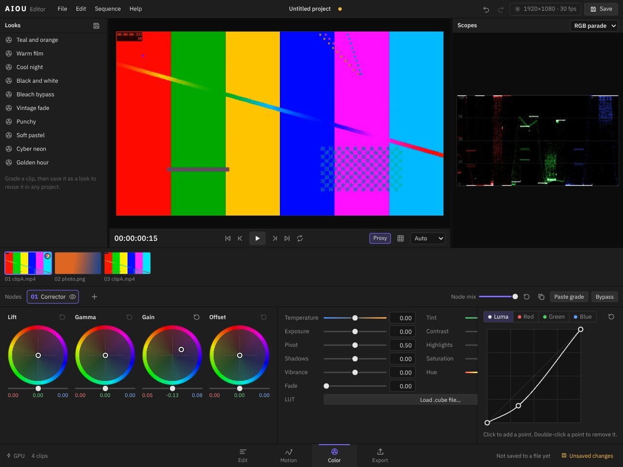 The Color page with grading wheels and an RGB parade scope