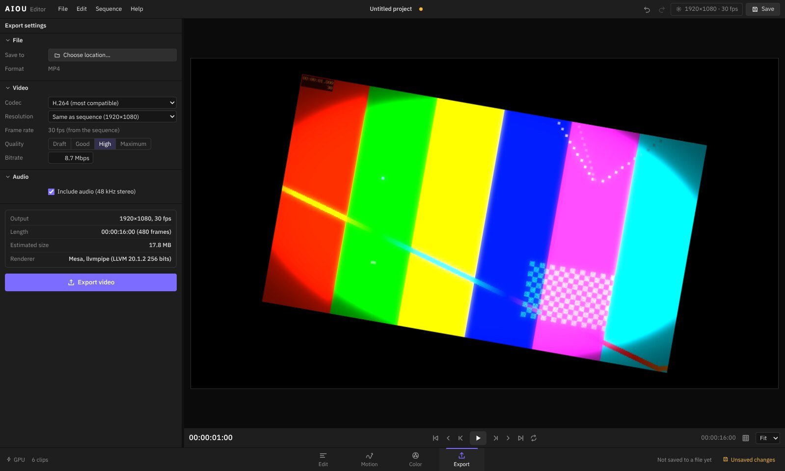 The Export page with codec, size and quality settings