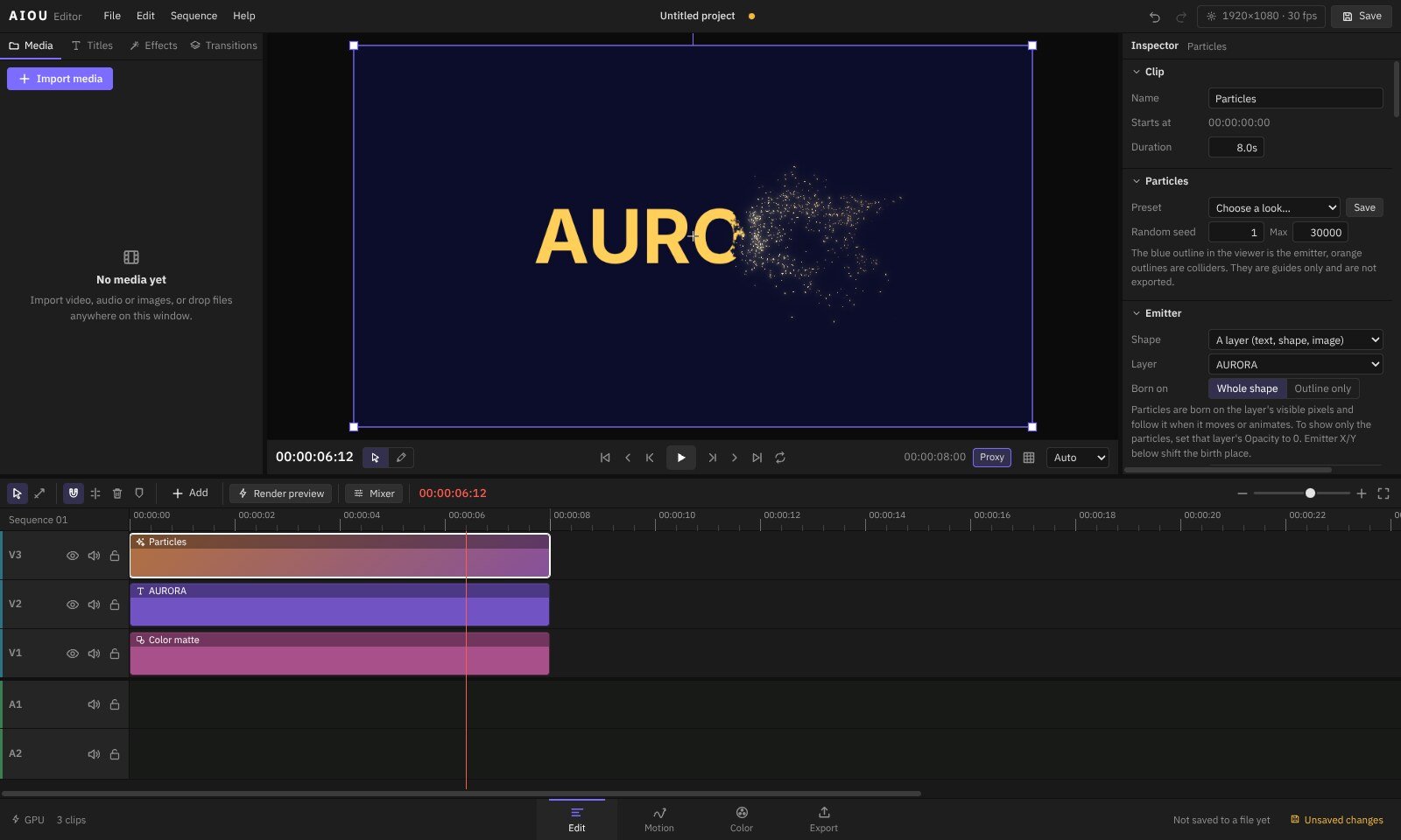 AIOU Editor: viewer, layer controls and timeline with video, title and adjustment layers