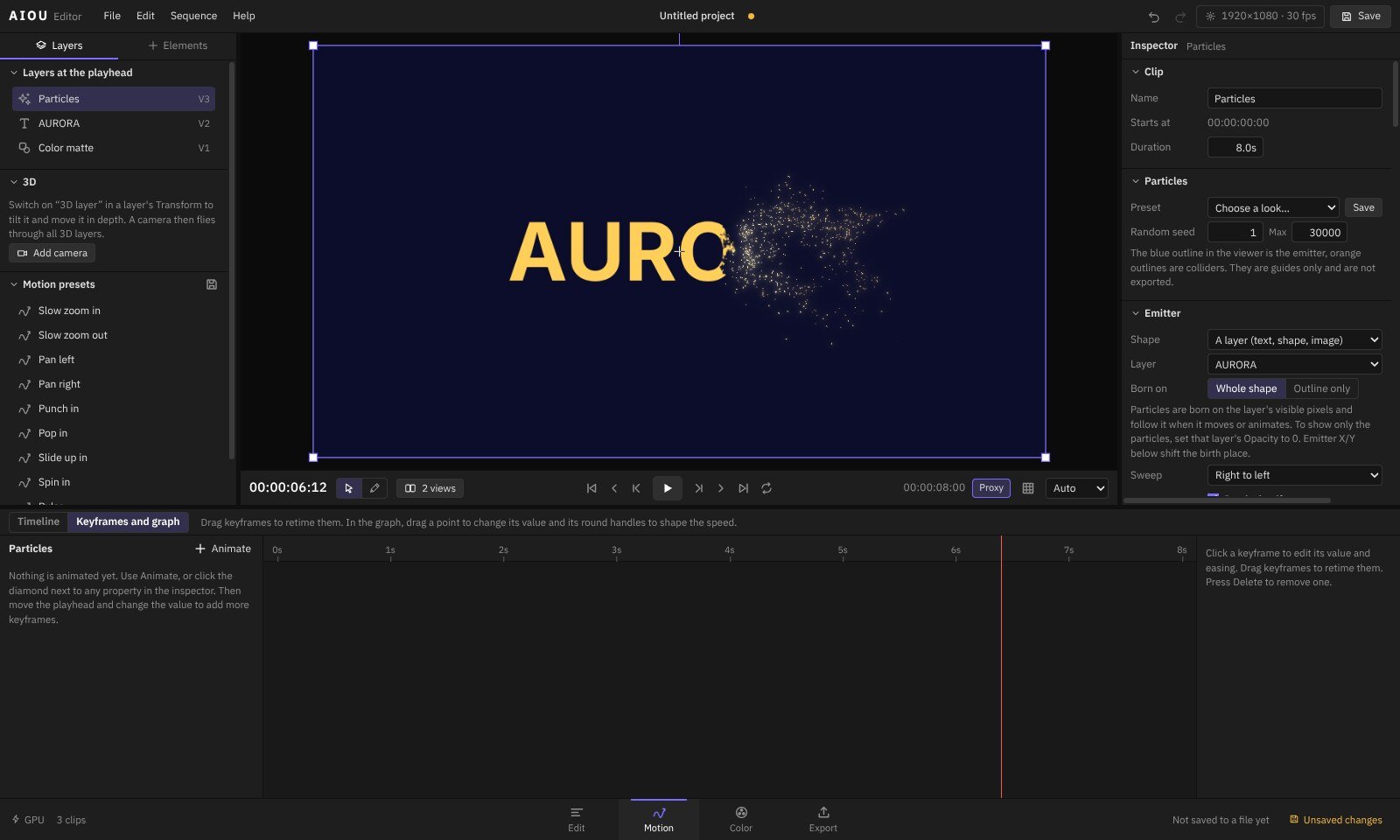 The Motion page with a particle layer and its controls